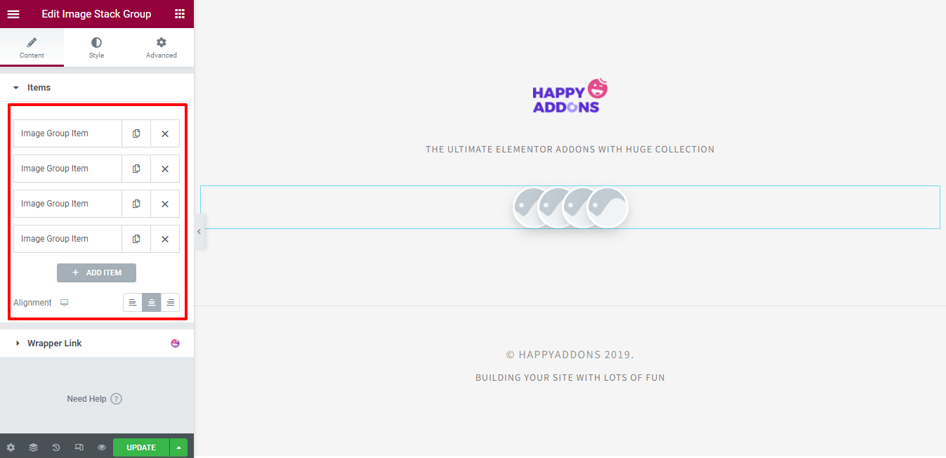 Buat Grup Gambar Stack Di Situs Web Elementor Anda Menggunakan Happy Addons 3 Add Items & Set Alignment