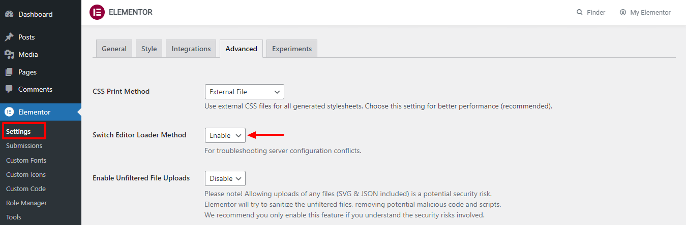 Comment résoudre le problème de chargement de l'éditeur Elementor sur votre site Web 2 Enable Switch Editor Loader Method