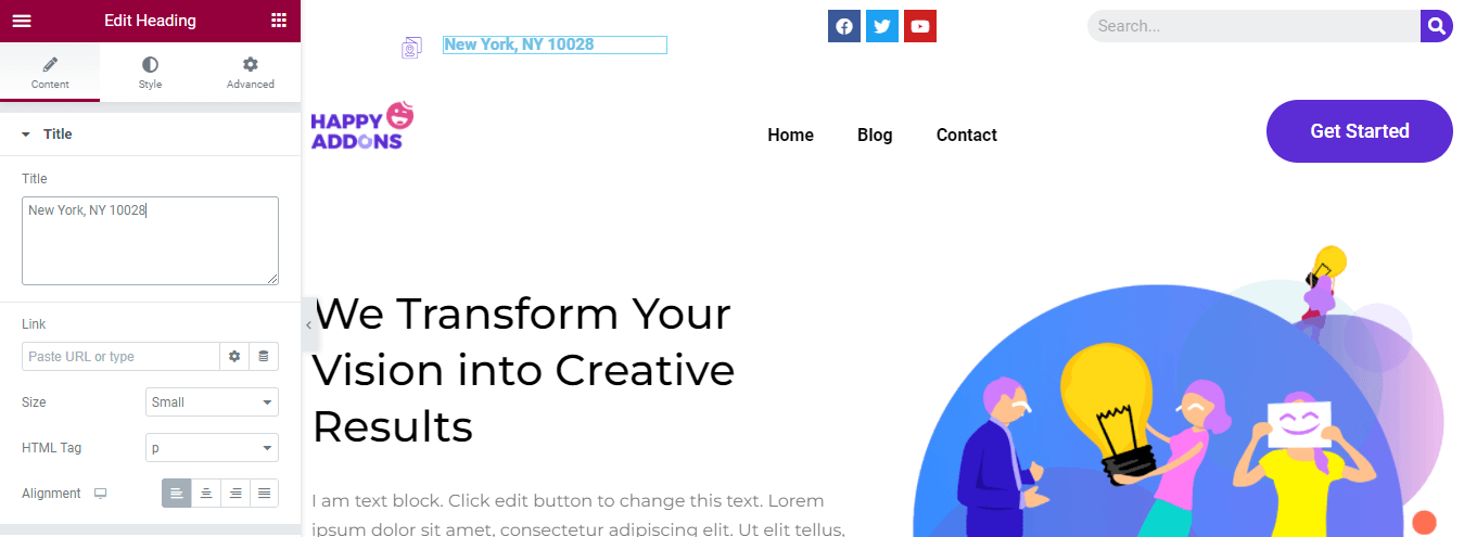 Elementor 18로 WordPress 헤더를 편집하는 방법 Add Heading Widget & Write Address