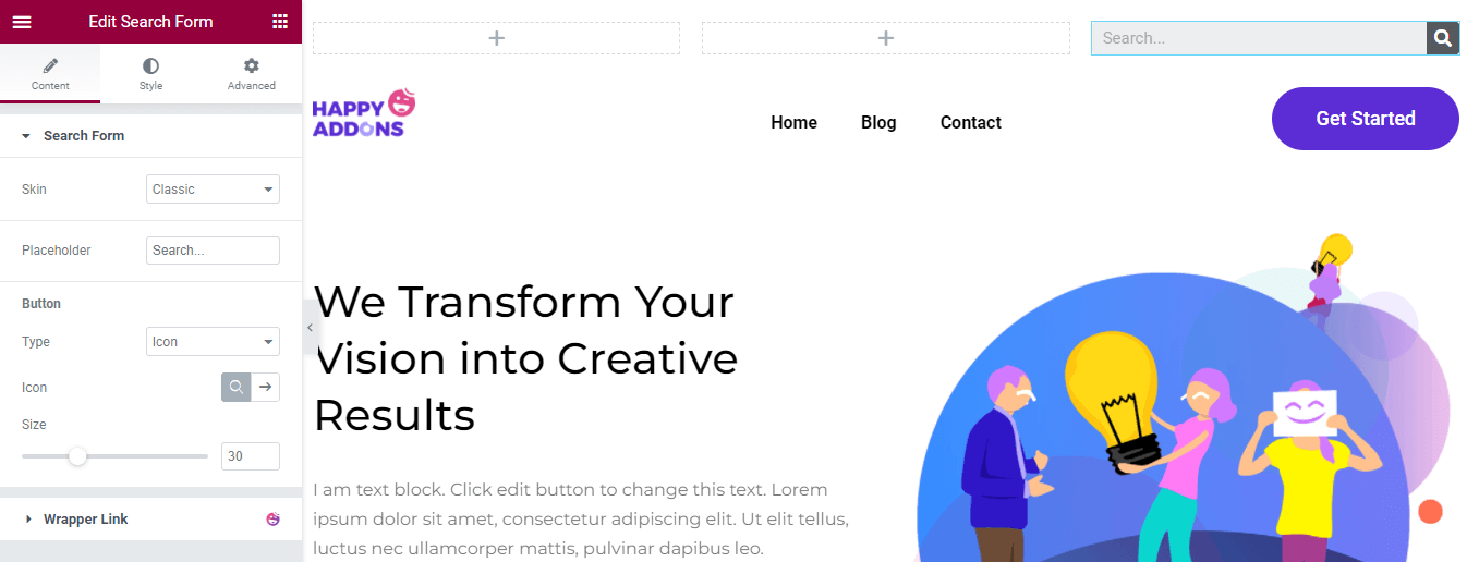 Elementor 9로 WordPress 헤더를 편집하는 방법 Search Form Content