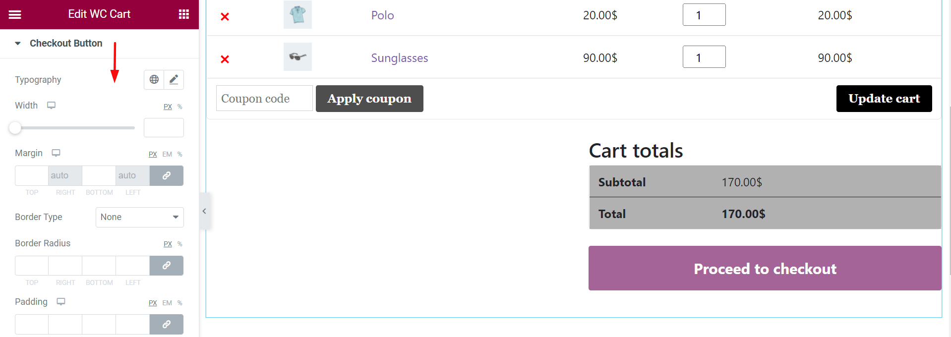 Jak edytować stronę koszyka WooCommerce za pomocą Elementora 17 Update Checkout Button