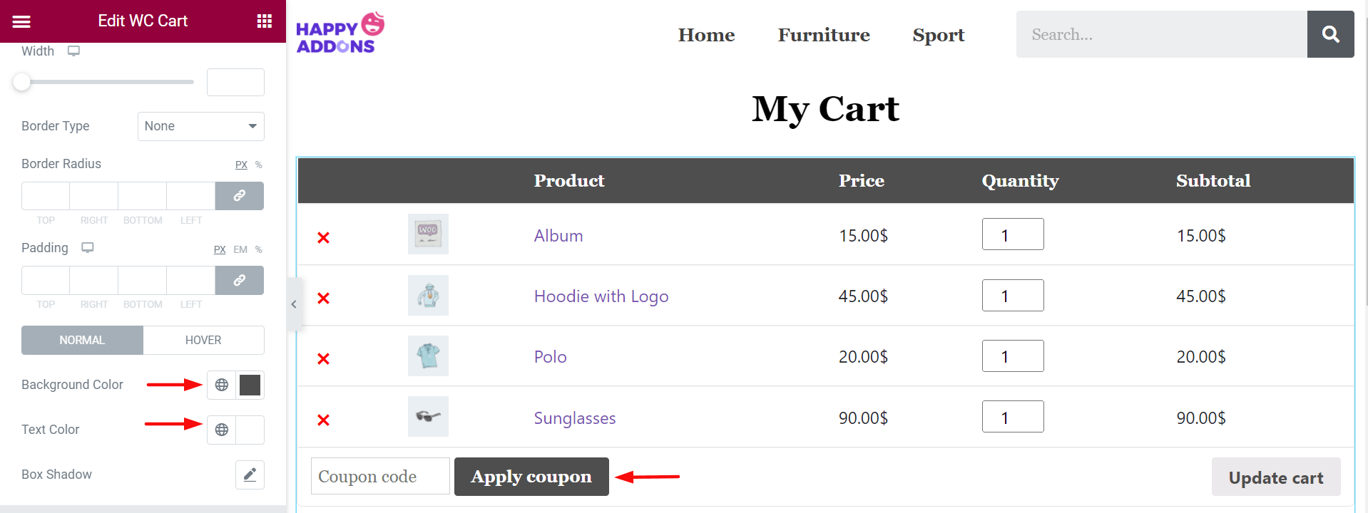 Jak edytować stronę koszyka WooCommerce za pomocą Elementora 12 Update Coupon Button Color