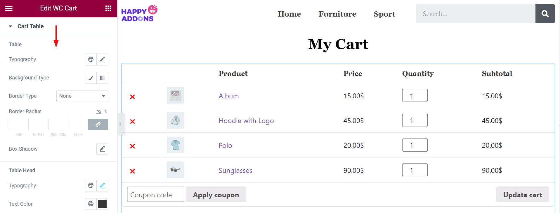 Jak edytować stronę koszyka WooCommerce za pomocą Elementora 9 Update Cart Table