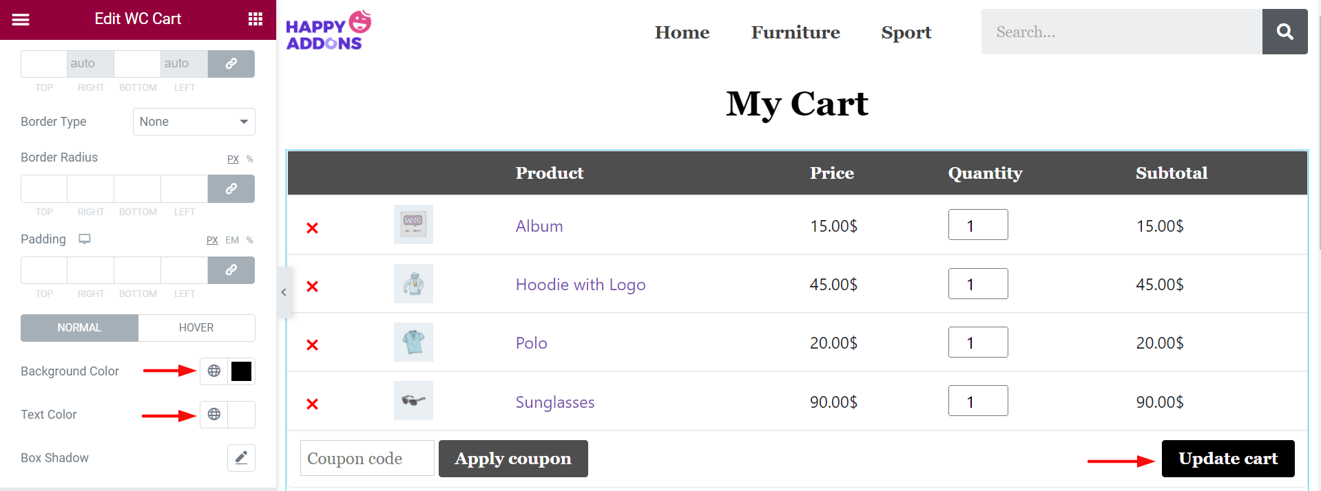 Jak edytować stronę koszyka WooCommerce za pomocą Elementora 14 Update Cart Button Color