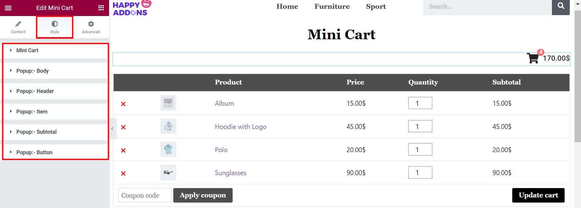 Jak edytować stronę koszyka WooCommerce za pomocą Elementora 28 Mini Cart Styles of Happy Addons