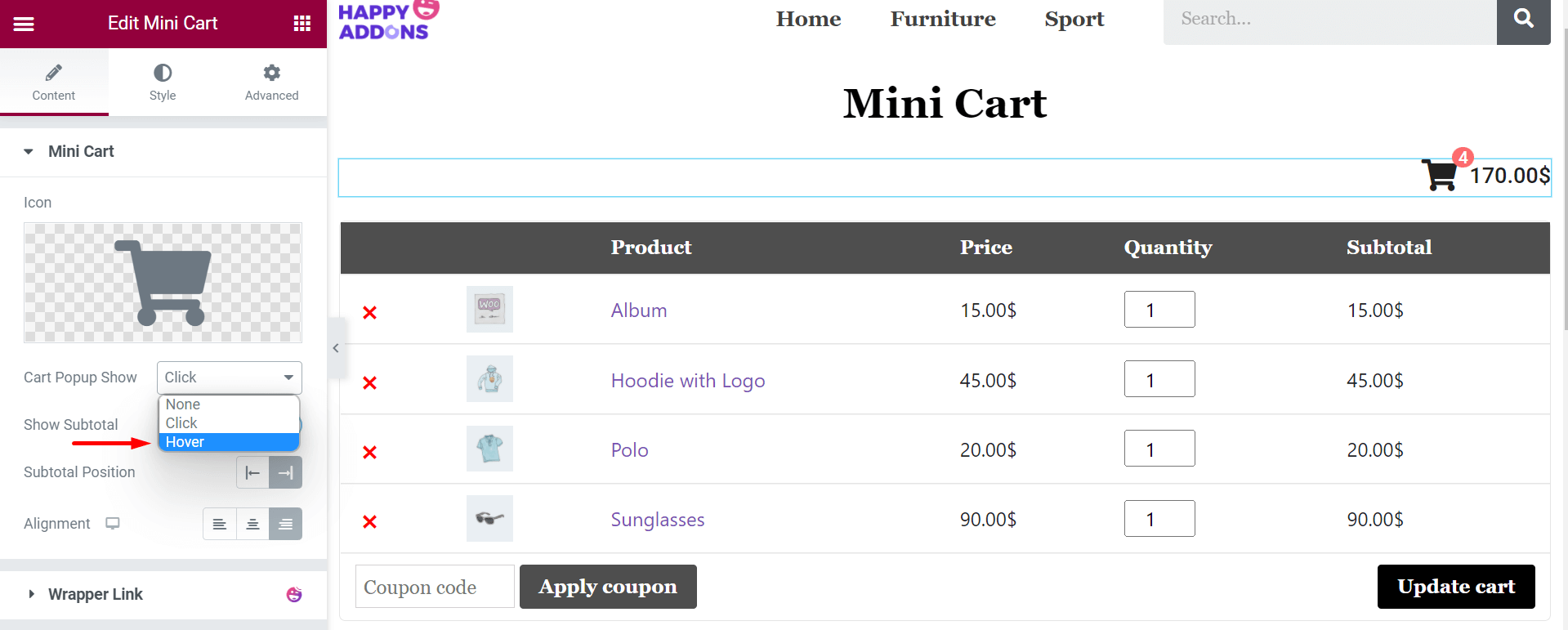 Jak edytować stronę koszyka WooCommerce za pomocą Elementora 26 Change Hover Style of Mini Cart