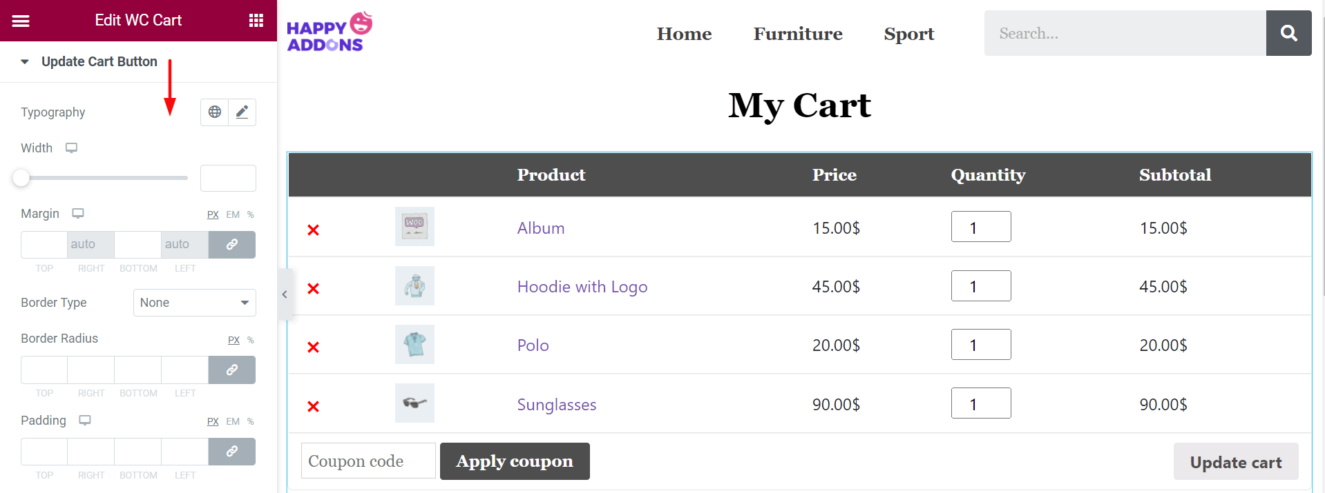 Jak edytować stronę koszyka WooCommerce za pomocą Elementora 13 Update Cart Button