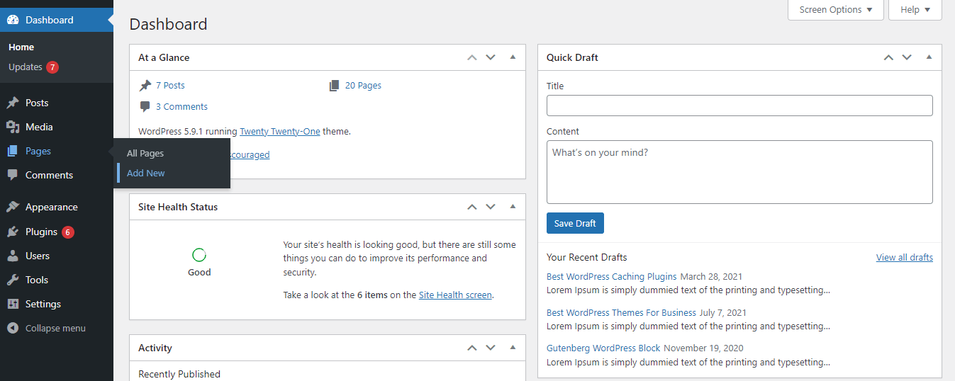 WordPress 3에서 새 페이지를 만드는 방법 Go to Pages->Add New Area