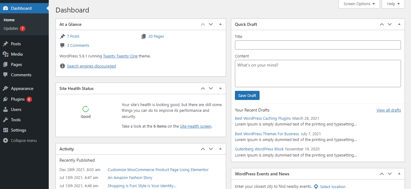 WordPress 2에서 새 페이지를 만드는 방법 WordPress Dashboard Area