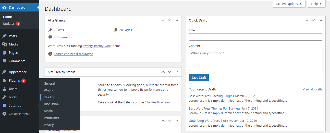 WordPress 24에서 새 페이지를 만드는 방법 Go to Setting Reading