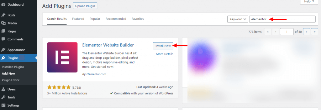 WordPress 19에서 새 페이지를 만드는 방법 Search and Install Elementor