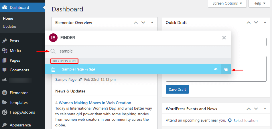 WordPressでページを複製する方法-Elementor17の有無 Open the Elementor Finder