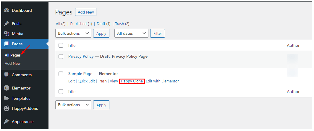 WordPressでページを複製する方法-Elementor15の有無にかかわらず Use the Happy Clone Feature