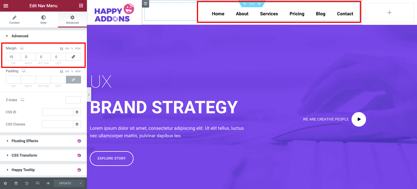 Cómo diseñar un encabezado Elementor personalizado en 2 minutos 14 Nav menu advanced settings