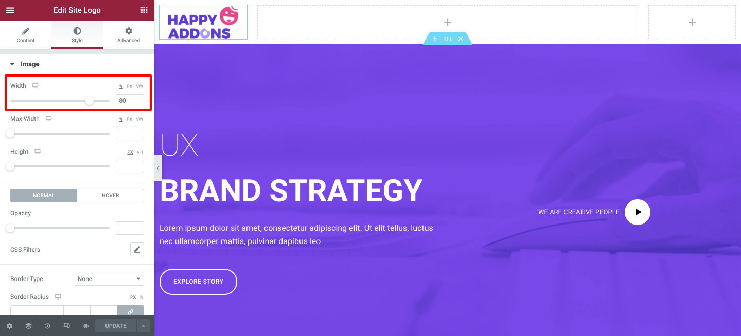Cómo diseñar un encabezado Elementor personalizado en 2 minutos 7 Set Site Logo width