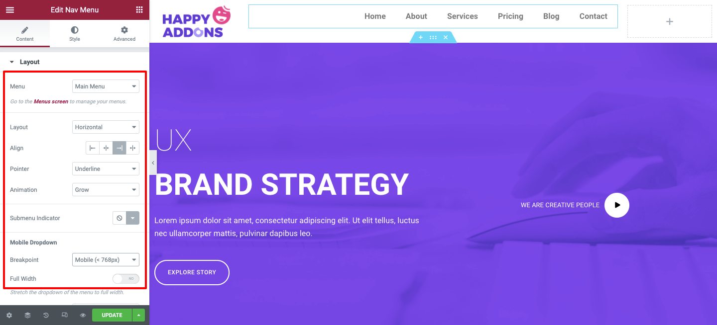 Cómo diseñar un encabezado Elementor personalizado en 2 minutos 10 Nav menu-content