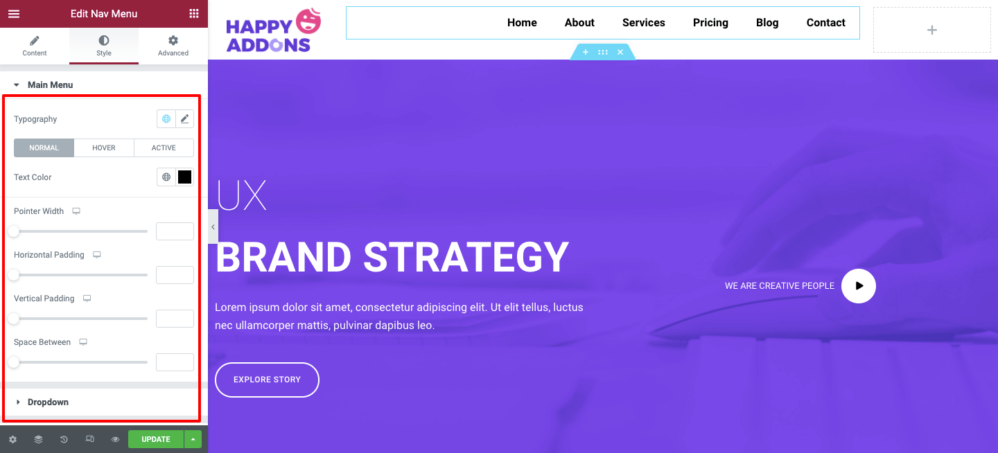 Cómo diseñar un encabezado Elementor personalizado en 2 minutos 12 Nav menu style options