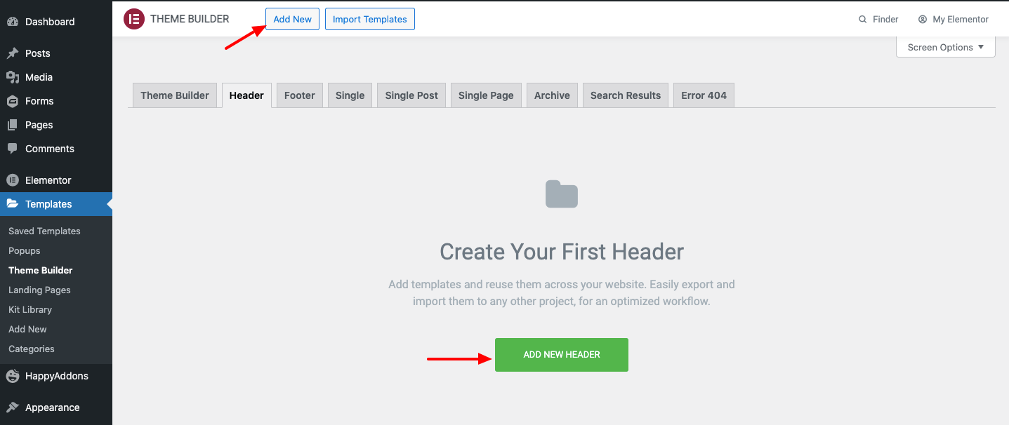 Cómo diseñar un encabezado Elementor personalizado en 2 minutos 2 Elementor Theme Builder Add New Header