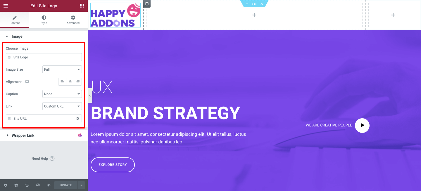 Cómo diseñar un encabezado Elementor personalizado en 2 minutos 6 Site Logo content