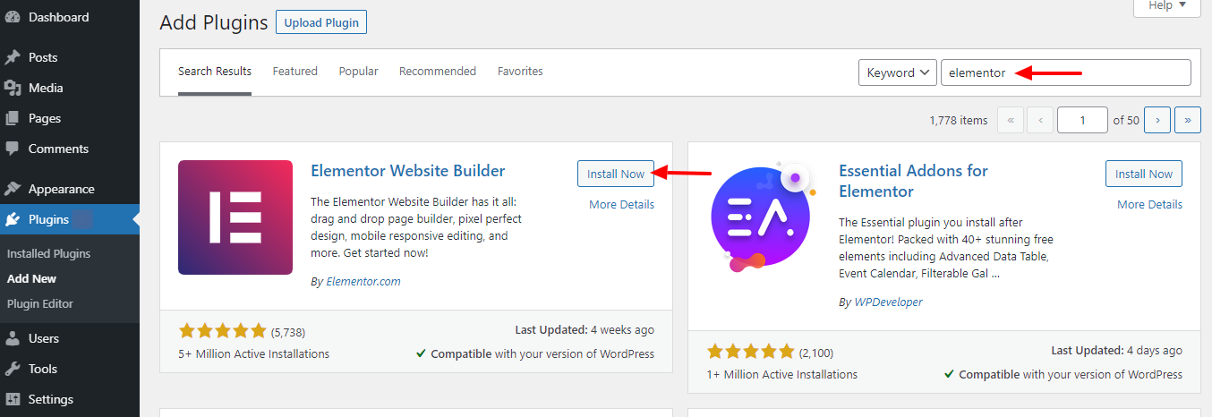 Elementor 사용 방법: 초심자를 위한 궁극 가이드 5 Search and install Elementor