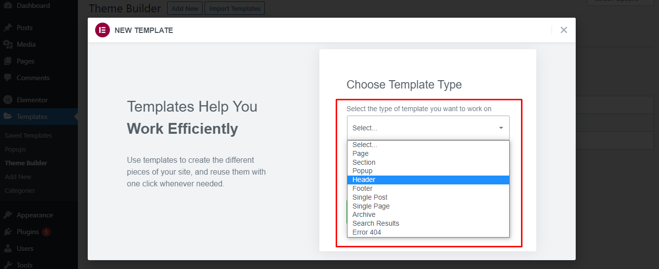 Elementor 사용 방법: 초심자를 위한 궁극 가이드 27 Choose a templte type