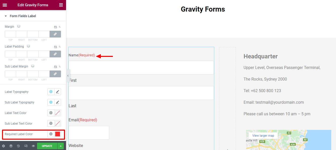 Elementor 웹사이트 10에 중력 양식을 추가하는 방법 Style Settings of Form Fileds Label