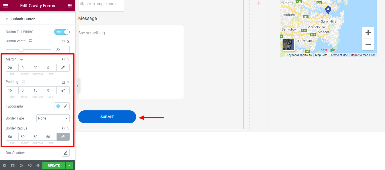 Elementor 웹 사이트 12에 중력 양식을 추가하는 방법 Style Button Other Settings