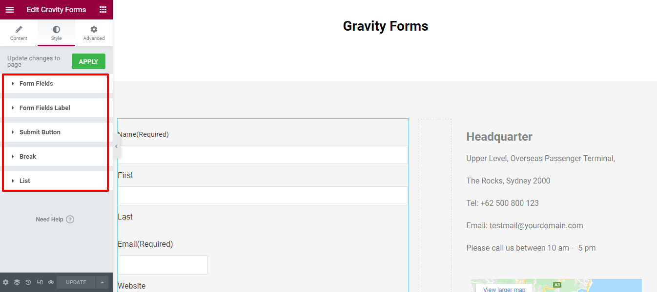 Elementor 웹 사이트 7에 중력 양식을 추가하는 방법 Style Options of Gravity Form