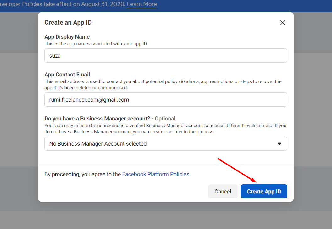 Comment générer un jeton d'accès Instagram 4 Click Create App ID Button
