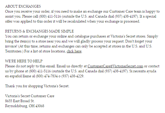 Victoria's Secret เพิ่มข้อมูลติดต่อมากมายในอีเมล