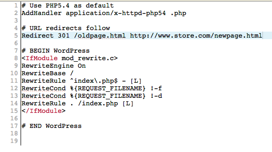 任何 301 重定向在 .htaccess 文件中的外觀。此示例來自一個使用 WordPress 的站點——請注意位置。