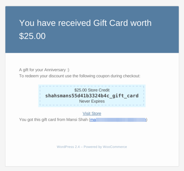 ตัวอย่างอีเมลบัตรกำนัลที่ขับเคลื่อนโดย Smart Coupons