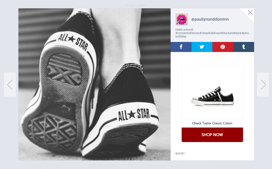 Converse 将来自 Instagram 的真实客户照片添加到其产品页面,并链接到照片中显示的项目,以便您查看。