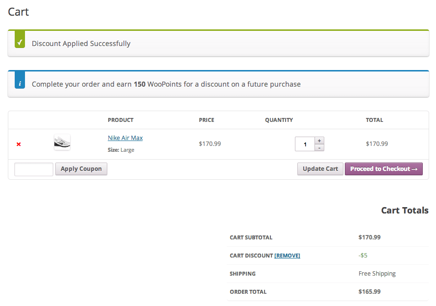 WooCommerce 积分和奖励在行动中,显示购物车中一双鞋的折扣和更多积分的累积。