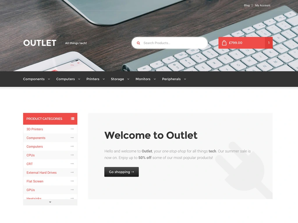 Outlet arbore un design épuré, une interface à onglets et des menus adaptés aux mobiles.