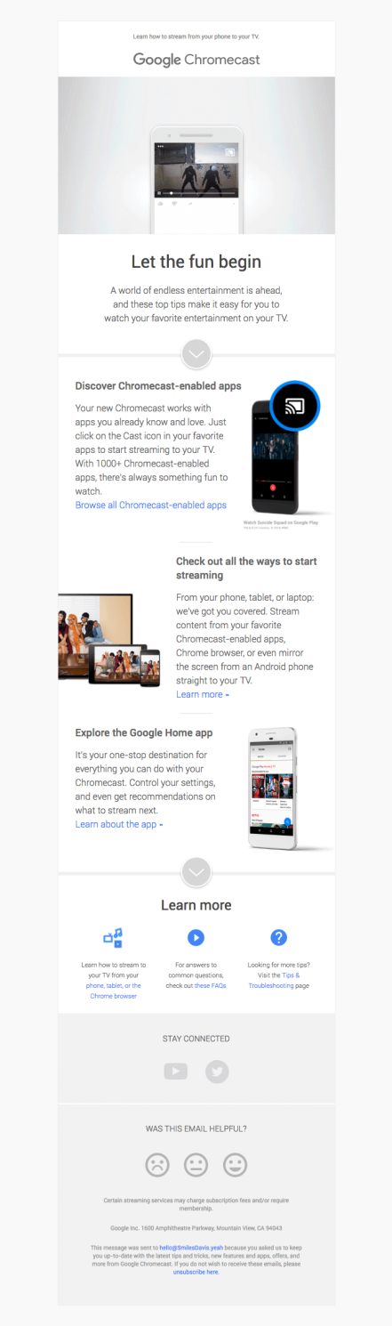 在 Google 的入门电子邮件中,他们向购买它的客户强调了他们的产品 Chromecast 的 USP。