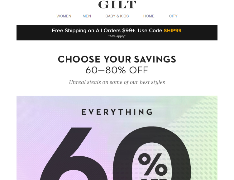 来自 GILT 的促销电子邮件,宣布所有商品的销售。