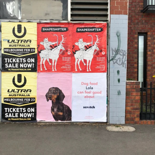 Un cartel callejero de comida para mascotas Scratch visto en la naturaleza
