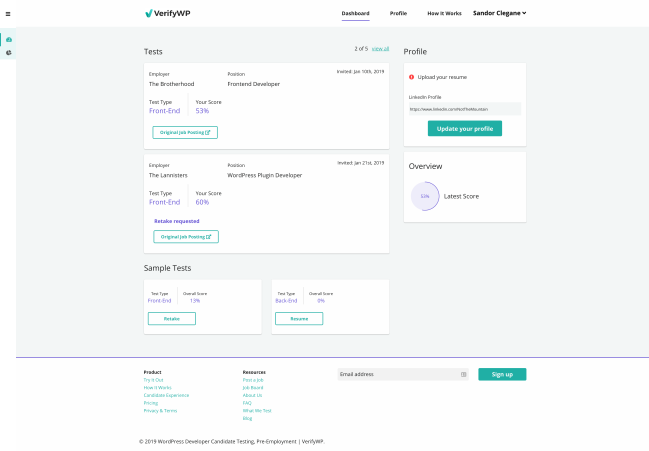 Панель инструментов кандидата в VerifyWP.
