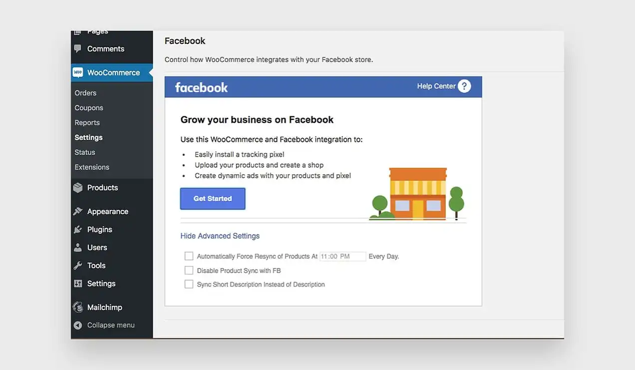 Una captura de pantalla de una pantalla de Facebook para WooCommerce en WP Admin.