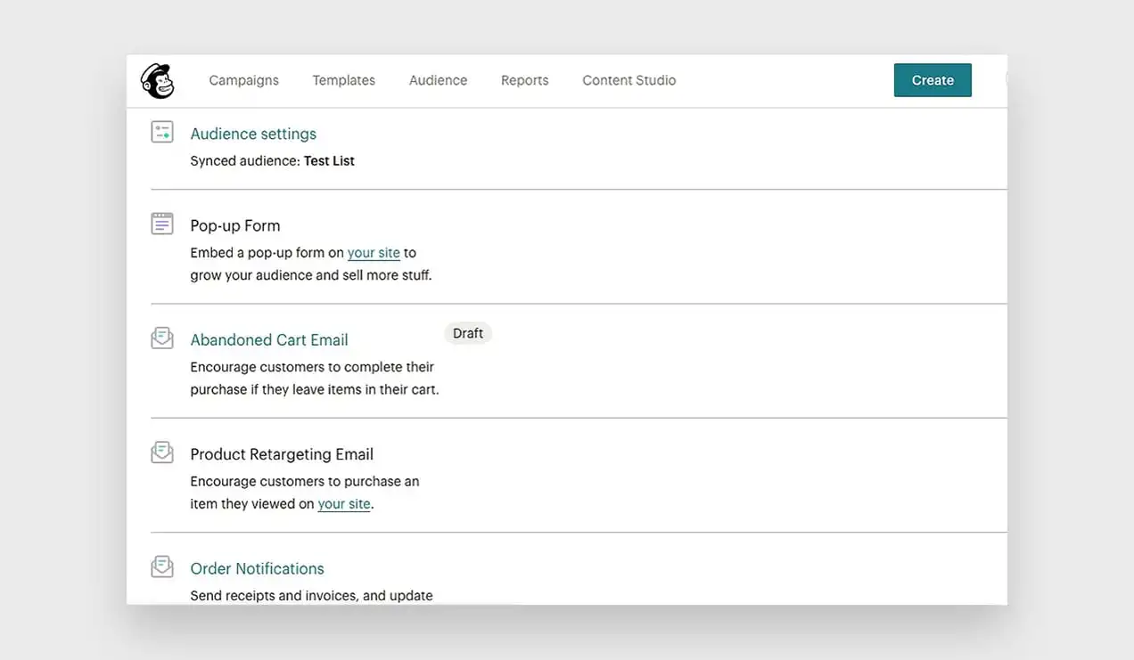 Una captura de pantalla del panel de control de Mailchimp.