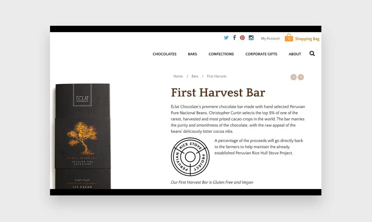 Eclat Chocolate web sitesinden duyulara hitap eden ürün açıklamalarını gösteren ekran görüntüsü.