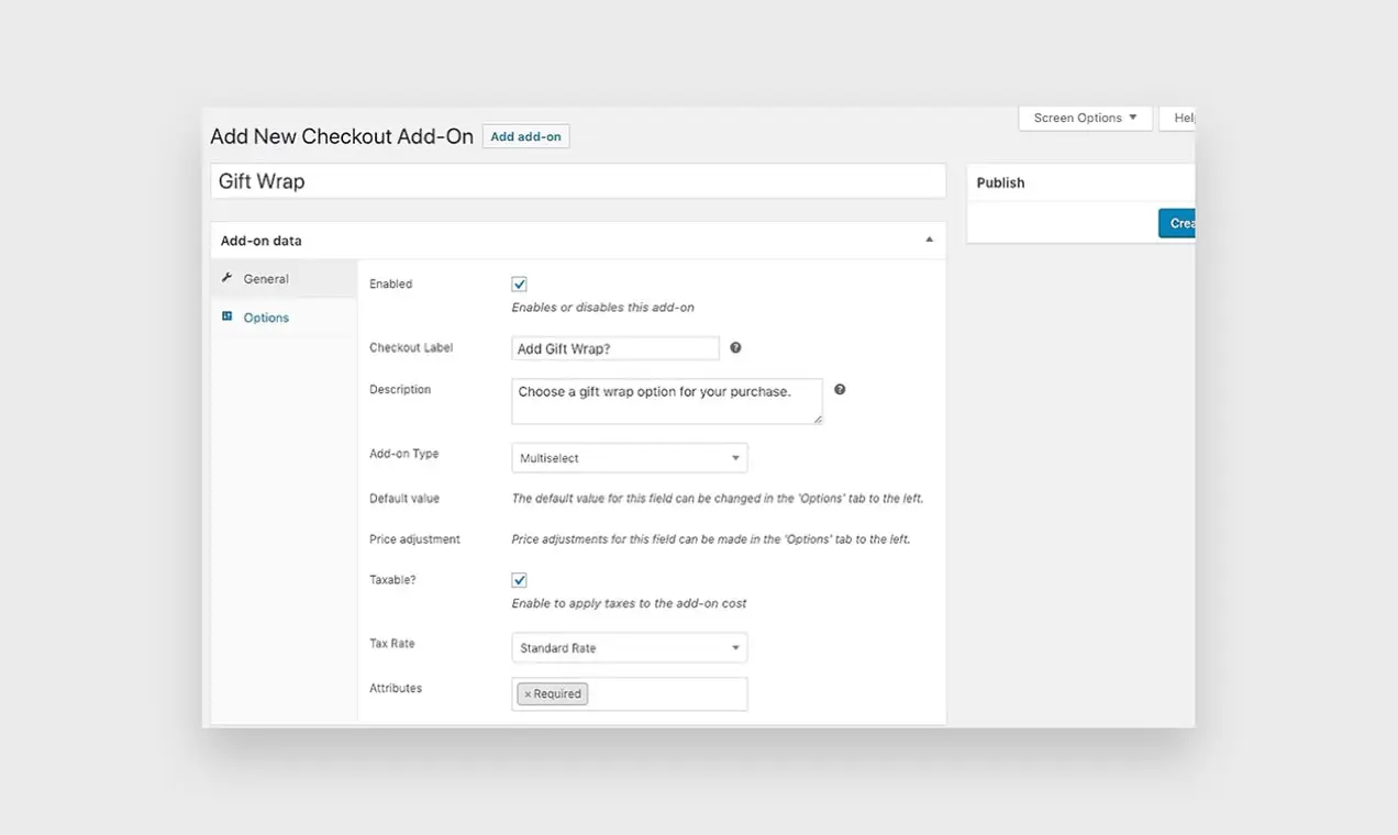 ภาพหน้าจอส่วนขยาย Checkout Add-Ons แสดงวิธีเพิ่มกระดาษห่อของขวัญในการซื้อ