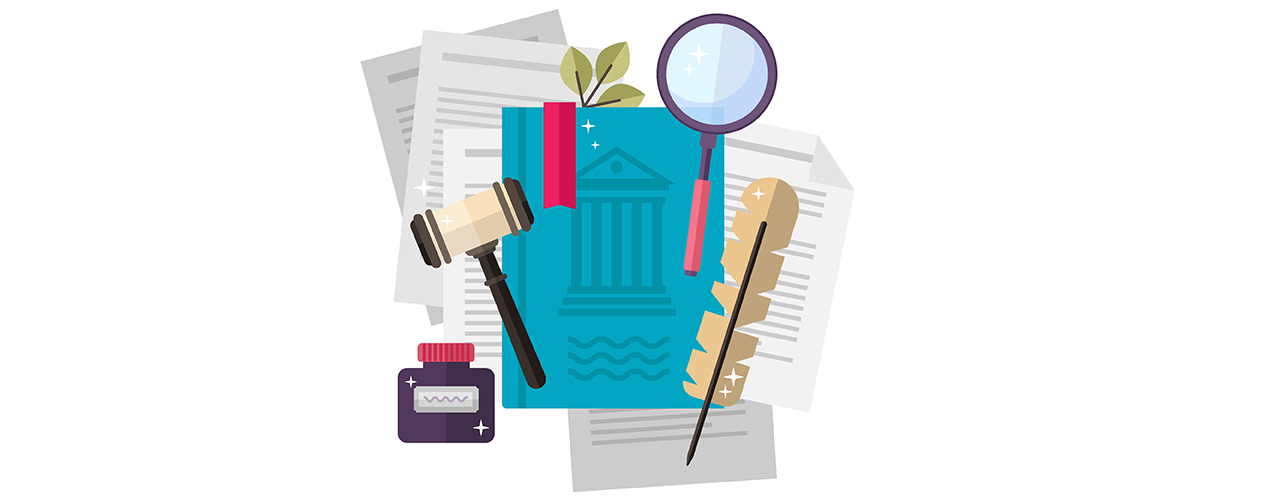 rechtliche illustration mit gesetzbüchern, hämmern und papierkram