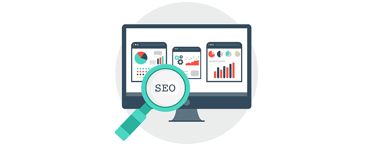SEO-Symbol mit einem Computerbildschirm und Diagrammen des Website-Verkehrs