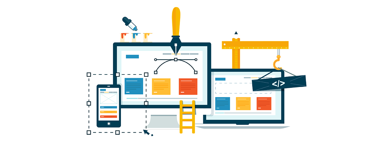 Illustration von Designelementen, die auf einem Computer, Tablet und Telefon eingesetzt werden.