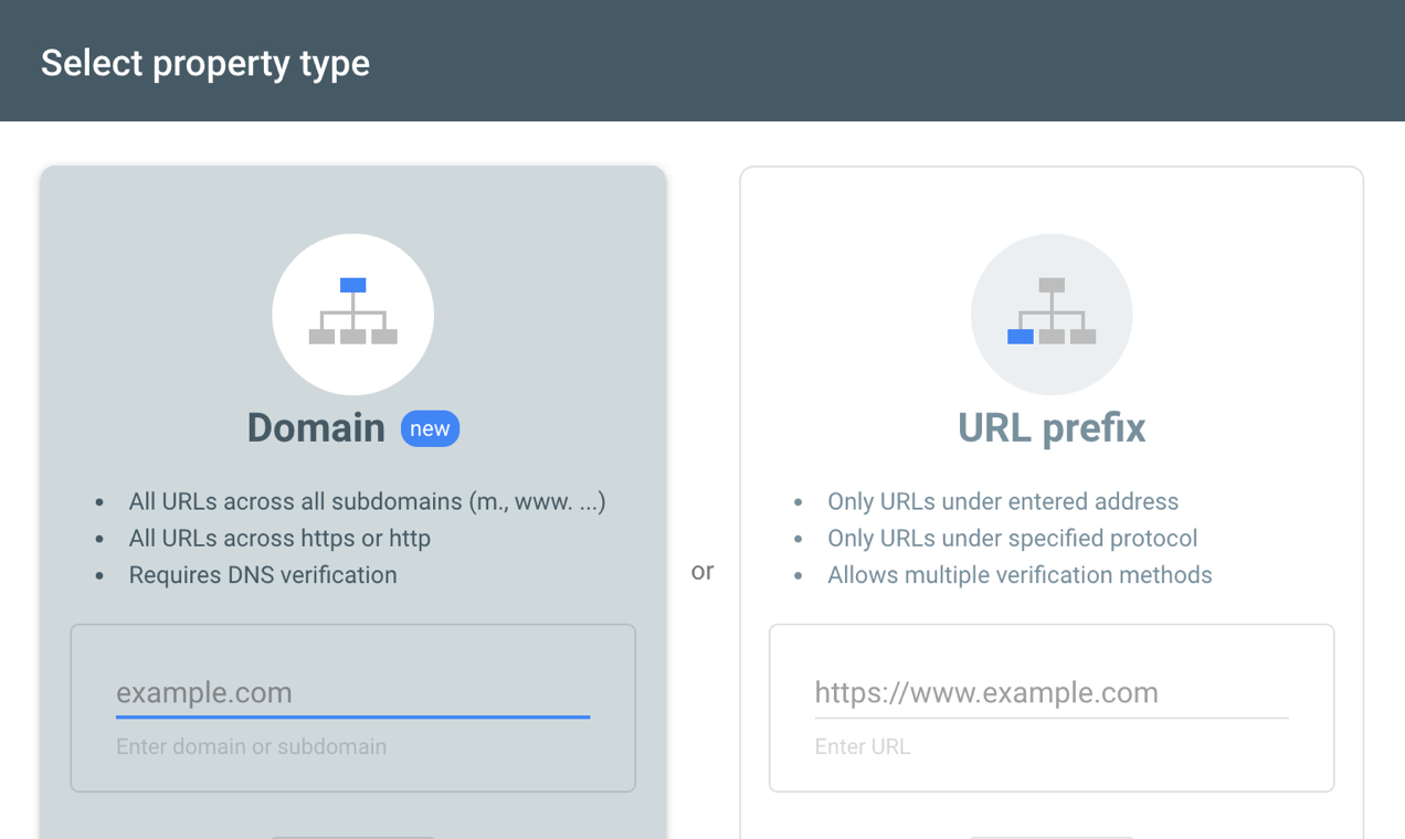 Скриншот типов свойств, доступных в Google Search Console
