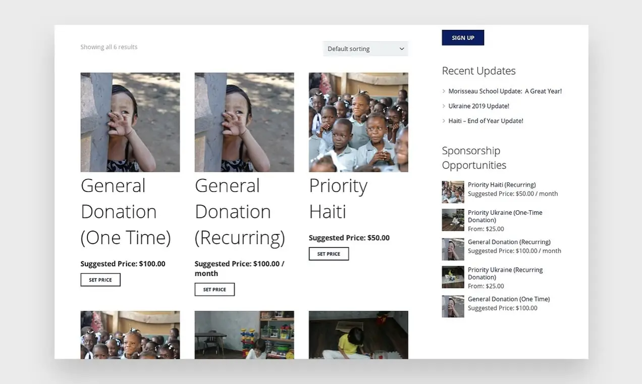capture d'écran du site Web Priority One Worldwide avec un montant de don suggéré