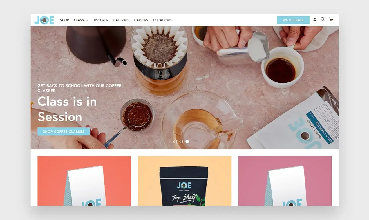 capture d'écran de "au-dessus du pli" sur le site Web d'une entreprise de café