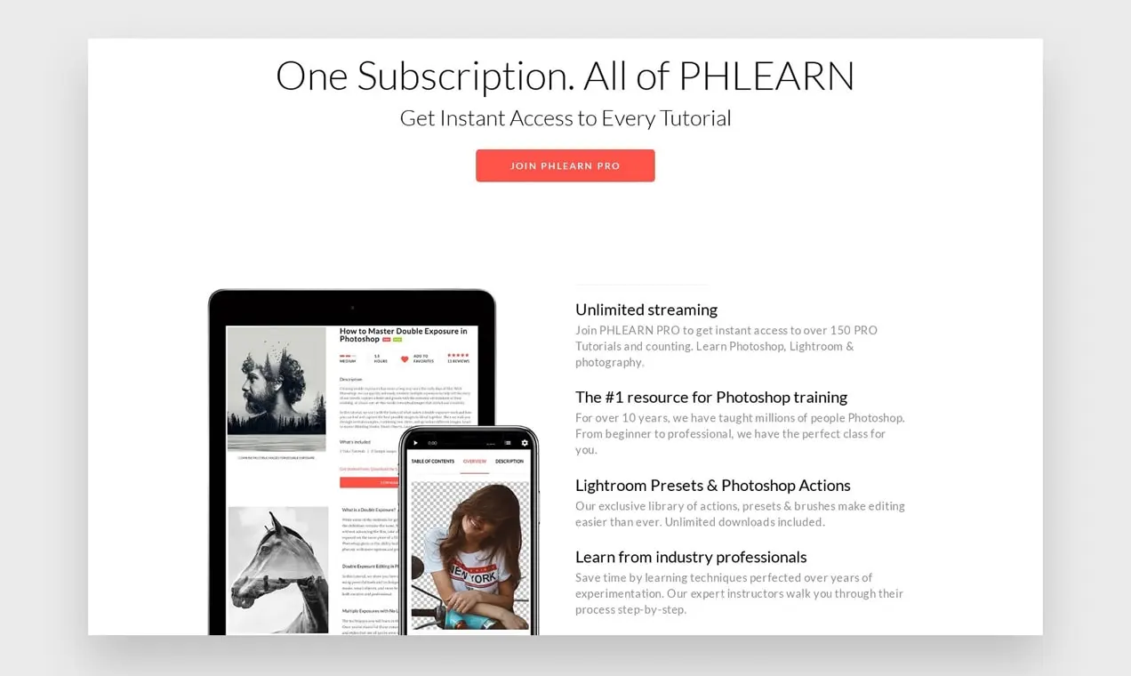 Captura de pantalla de la página de membresía de PHLearn, enumerando los beneficios incluidos
